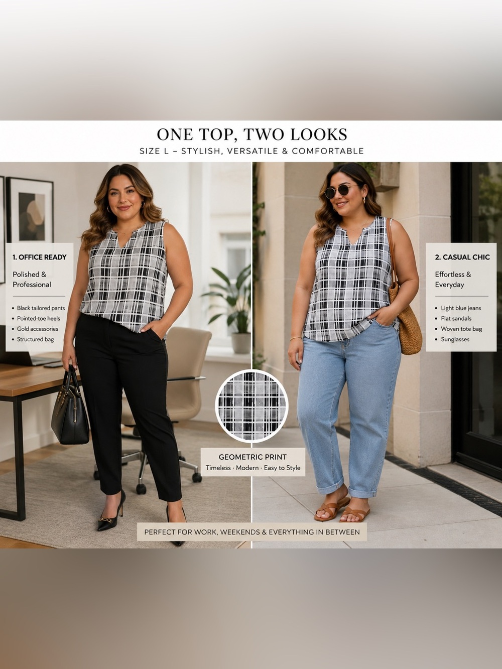 Apt.9 Black & Withe Geometric Plaid Sleeveless Blouse V-Neck High-Low top